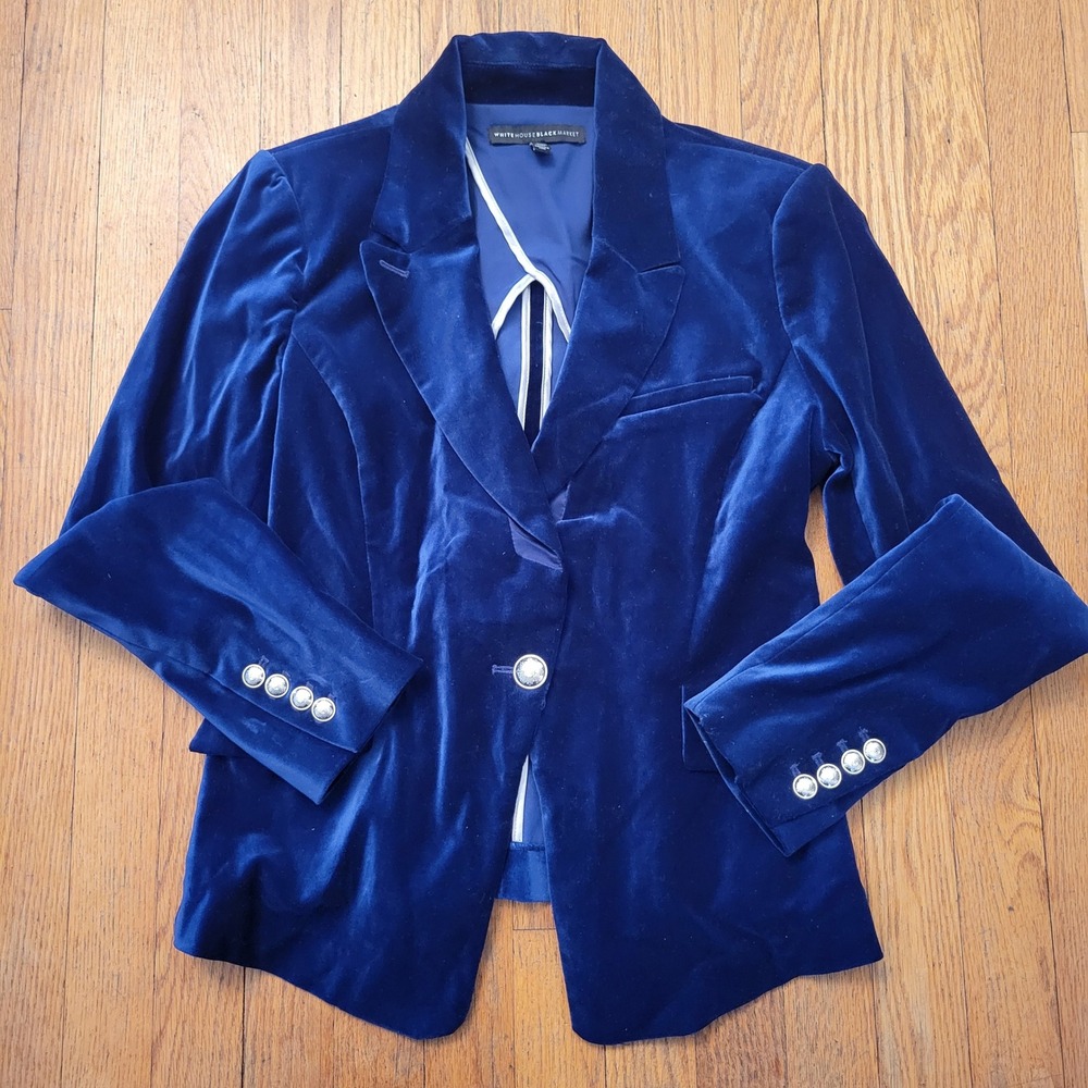 White‎ House Black Market 6 Blazer Blue Velvet Whimsigoth Academia Preppy Pirate